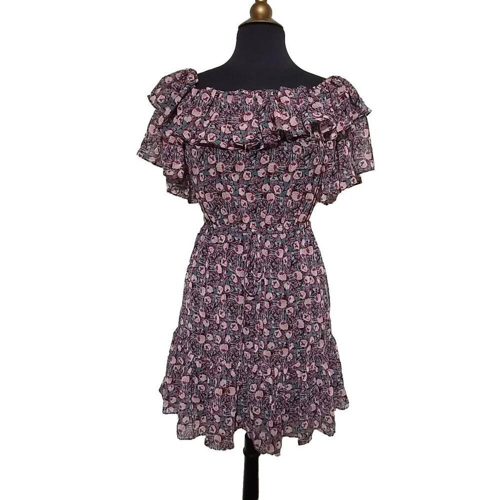Womens Ditsy Floral Dress Size Small Pink Black Ruffled Floral Tea Rose Tiered
